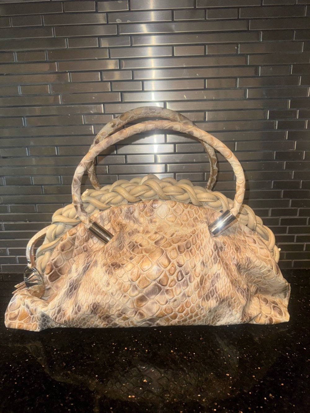 Cromia Leather Python-Effect Braided Handle Satchel in Beige